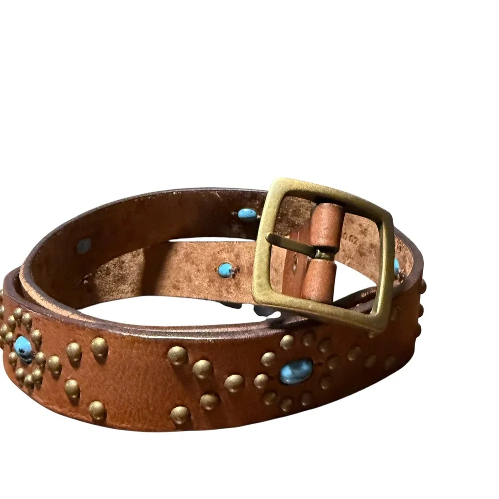 Fossil Womens Brown Leather Studded Turquoise Western Belt BT2404 Medium - Picture 2 of 11